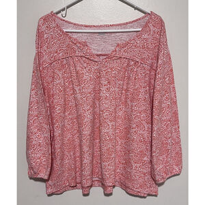 Lands' End Top Women’s XL Coral Peach White Pink 3/4 Sleeve Cotton Tunic Shirt